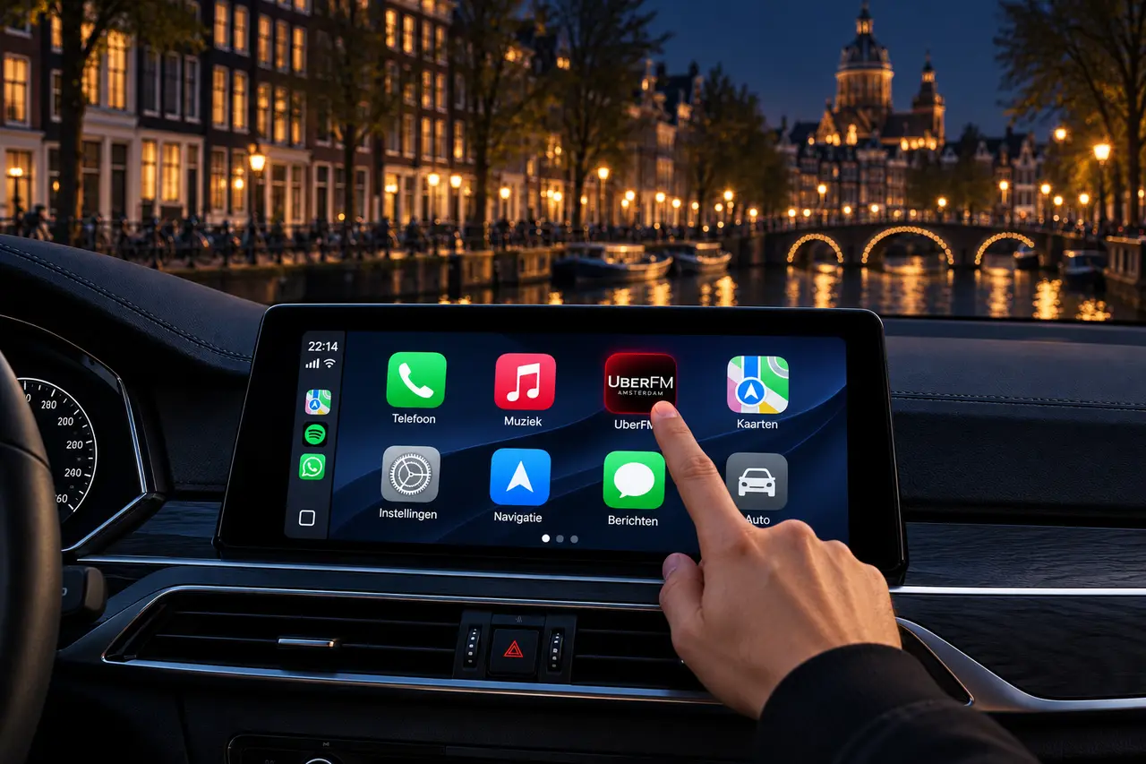 Nachtelijk autodashboard met UberFM als conceptbeeld